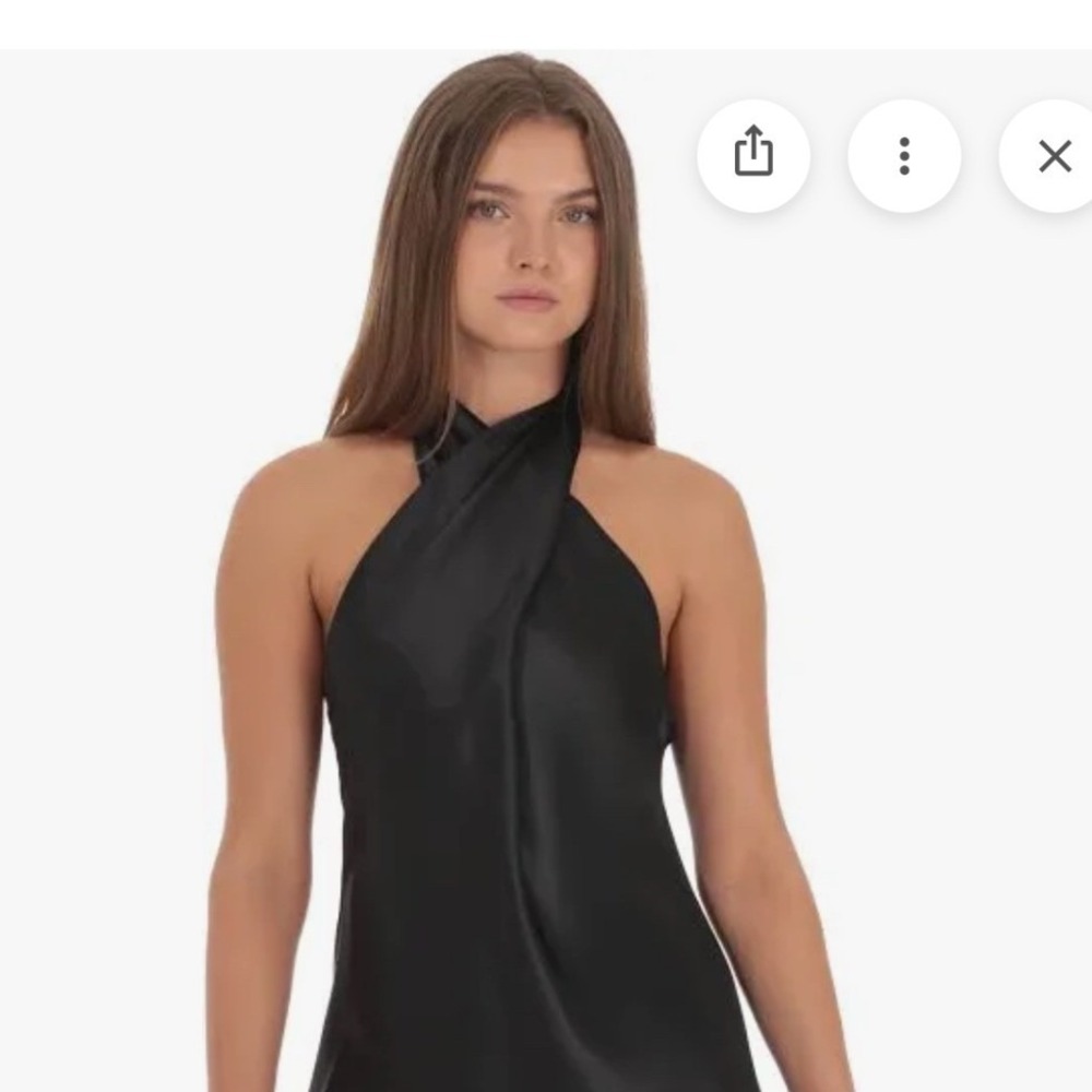 SHORE Black Satin Criss Cross Halter Mini Dress Open Back Sleeveless Large New